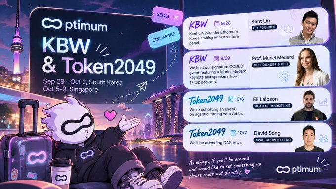 A promotional graphic for 'KBW & Token2049' events taking place Sep 28 - Oct 2 in South Korea and Oct 5-9 in Singapore, featuring speakers Kent Lin (Co-Founder), Prof. Muriel Medard (Co-Founder & CEO), Eli Laipson (Head of Marketing), and David Song (APAC Growth Lead) for Optimism's ptimum.