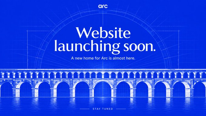 A blue 'Website launching soon' announcement page for 'arc' featuring an image of an arched stone bridge over water with the text 'A new home for Arc is almost here.'
