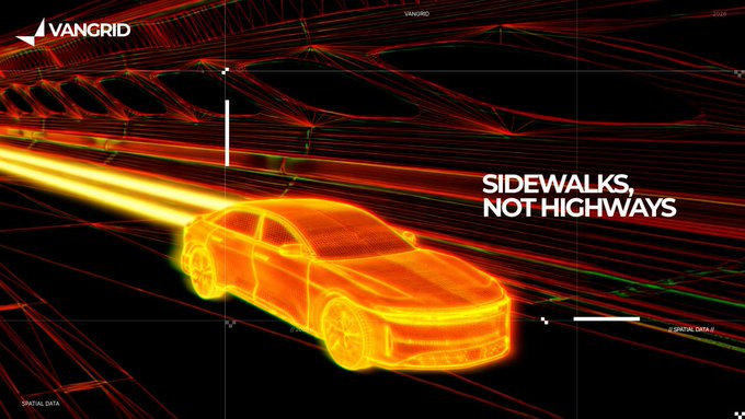 A wireframe graphic displays a glowing orange car with the 'VANGRID' logo and the text 'SIDEWALKS, NOT HIGHWAYS'.