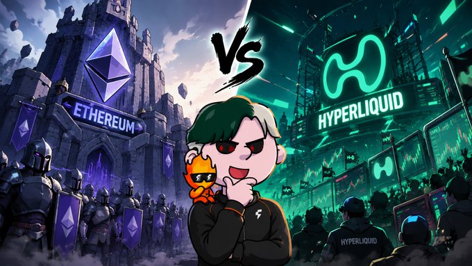A digital illustration depicts a 'VS' battle scene between 'ETHEREUM' on the left, represented by a castle and knights, and 'HYPERLIQUID' on the right, represented by a futuristic city, with a cartoon character in the center holding a small flame creature.