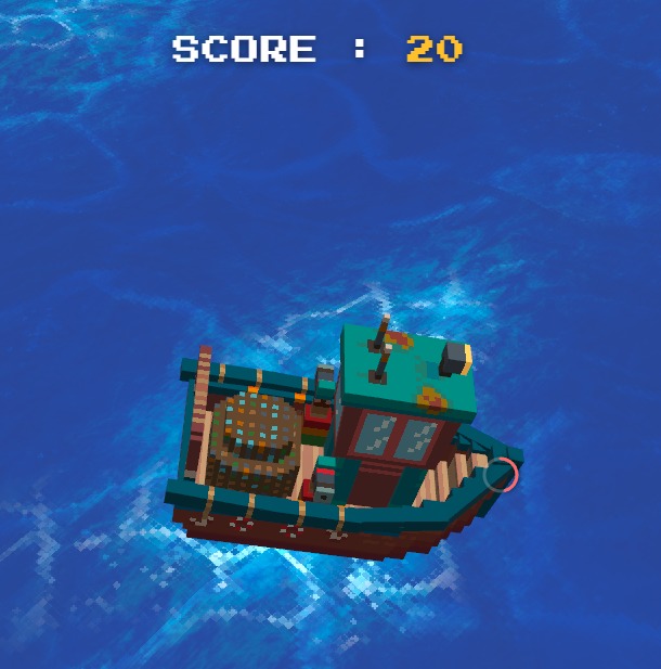 A pixel-art style screenshot of a blocky green and red fishing boat floating on blue ocean water, with a score display reading "SCORE : 20" at the top.