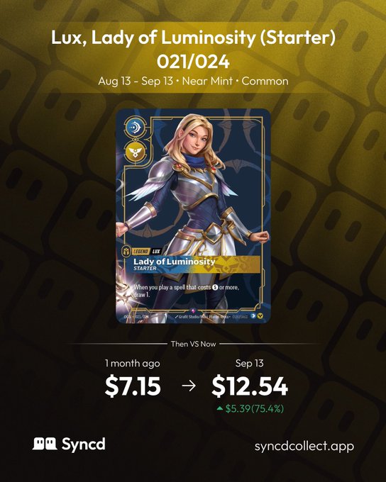A 'Syncd' collectibles graphic shows the 'Lux, Lady of Luminosity (Starter) 021/024' trading card, noting its value rose from $7.15 to $12.54.