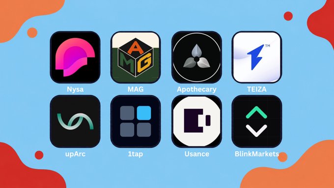 A grid displaying eight app icons with their names below: Nysa, MAG, Apothecary, TEIZA, upArc, 1tap, Usance, and BlinkMarkets.