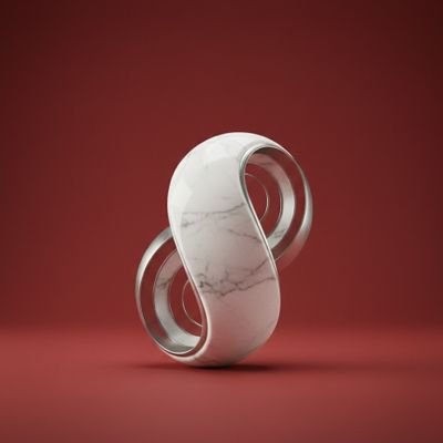 urn-shaped white marble sculpture with a silver rim, set against a red background.