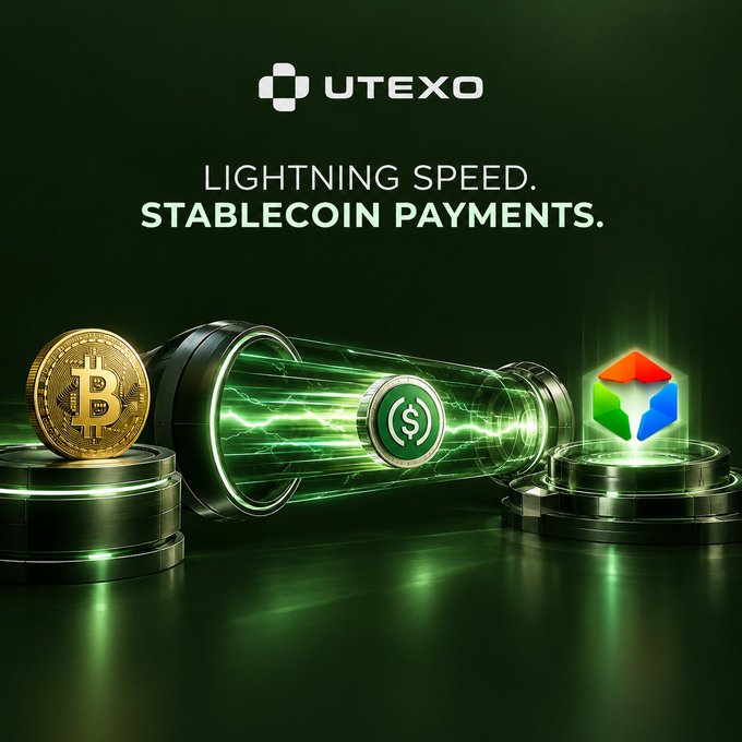 A promotional graphic for "UTEXO" advertising "LIGHTNING SPEED. STABLECOIN PAYMENTS." with a Bitcoin coin, a dollar symbol on a token, and a Google Wallet icon connected by green energy beams.