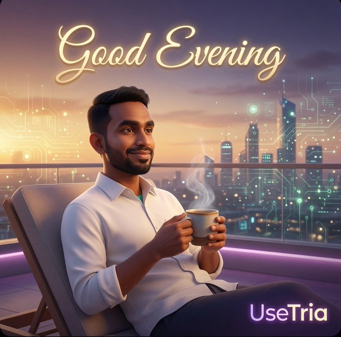 The image depicts a man sitting outside at night while holding a cup of coffee. He is looking up, which could mean he is focused on something above him, perhaps enjoying a view of the city lights. The photo also includes text that reads "Good Evening," and there's an accompanying website link to learn more about using Tria for crypto banking.