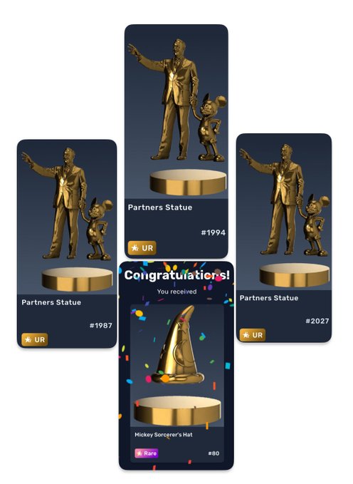 Digital collectible cards titled 'Partners Statue' showing a man pointing with a Mickey Mouse-like character, with UR rarity tags numbered #1994, #1987, and #2027, and a congratulations message for receiving a 'Mickey Sorcerer's Hat'.