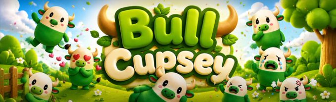 A vibrant cartoon banner featuring the text "BULL CUPSEY" surrounded by cheerful green and white bull characters in a lush meadow setting, reflecting the playful and community-driven spirit of the $BULLSEY token.