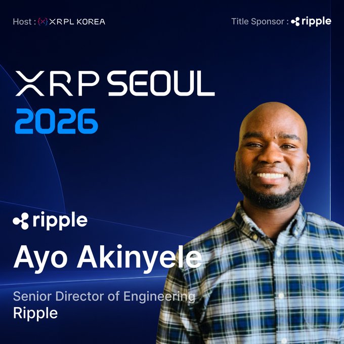 A promotional graphic for XRP Seoul 2026 hosted by XRPL Korea and title sponsored by Ripple, featuring a smiling man in a plaid shirt identified as Ayo Akinyele, Senior Director of Engineering at Ripple, set against a dark blue background with subtle light streaks.