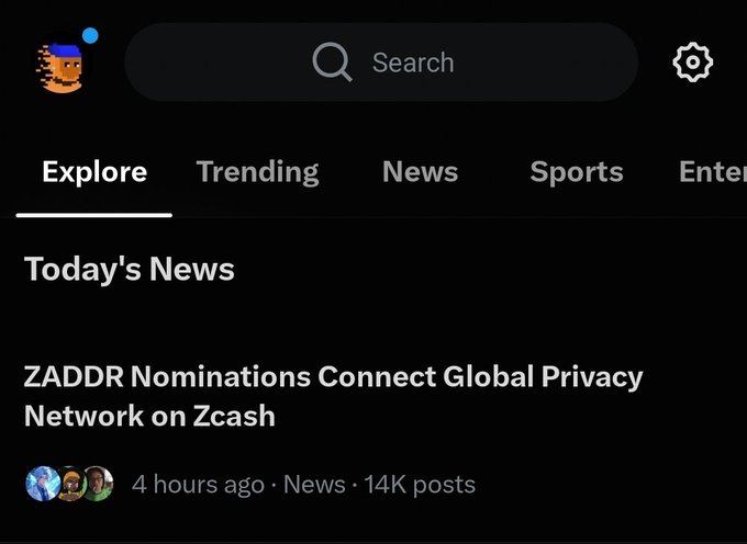 A screenshot of a mobile app showing a 'Today's News' section with the headline 'ZADDR Nominations Connect Global Privacy Network on Zcash', posted 4 hours ago in News with 14K posts.