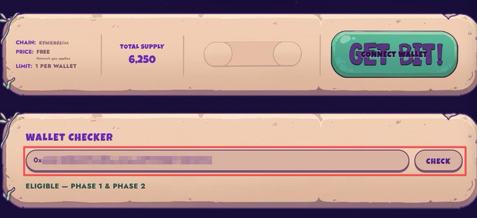 A screenshot of UnVault's "Bugz" whitelist checker shows "Chain: ETH/BASE/Blast, Price: FREE, Total Supply: 6,250, Limit: 1 per wallet" alongside a wallet checker that confirms "0x..." as "Eligible — Phase 1 & Phase 2." The interface allows users to input their wallet address and click a prominent "GET BUGZ!" button to verify eligibility for the free NFT mint.
