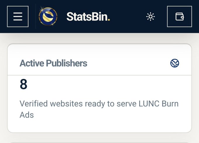 A StatsBin app screenshot showing 8 Active Publishers described as 'Verified websites ready to serve LUNC Burn Ads'.