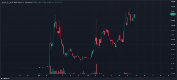 A candlestick chart of $CASHCAT (Canadian/HKD) on TradingView's daily timeframe, showing the token's price hovering around 128-129 after a sharp rally, with the post positioning the chart as evidence of a coming breakout move for traders who don't want to "keep seething."