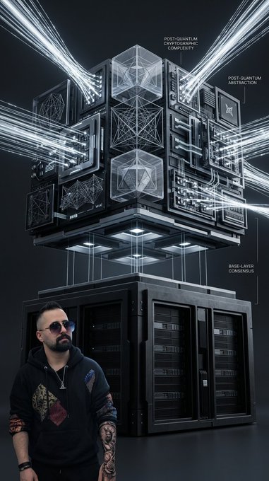 A bearded man with sunglasses and tattoos stands beside an intricate floating cube of glowing circuitry, with labels reading "POST-QUANTUM CRYPTOGRAPHIC COMPLEXITY," "POST-QUANTUM ABSTRACTION," and "BASE-LAYER CONSENSUS."