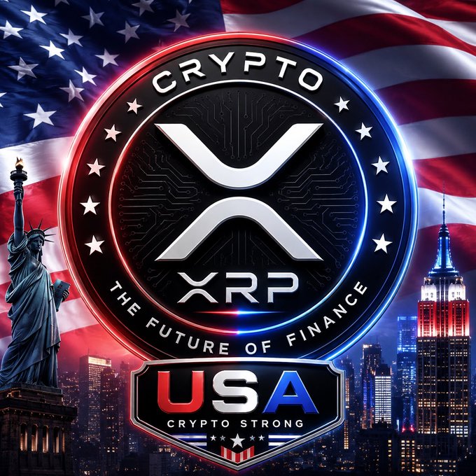 A promotional graphic for XRP cryptocurrency featuring the text 'CRYPTO', 'THE FUTURE OF FINANCE', 'USA', and 'CRYPTO STRONG' with the Statue of Liberty and American flag in the background.