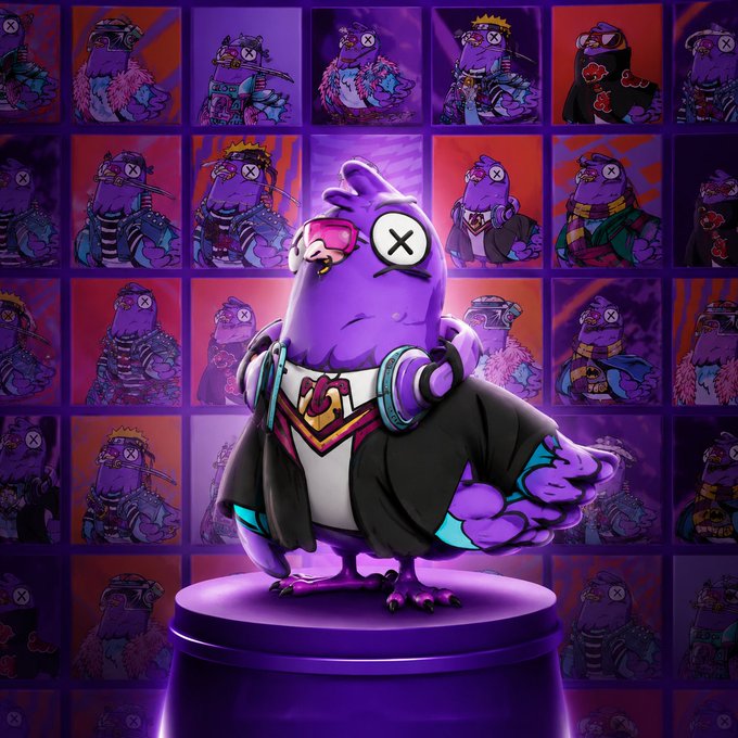 The image features a purple bird standing on top of a purple pedestal or base. The bird has a unique purple suit with a black hat and sunglasses, giving it an interesting appearance. The background consists of various colorful images of other birds, creating a visually appealing scene. The caption to the image reads "I saw a lot of NFT projects talk about utility. Wingston is one of the few that already has it" which suggests that there might be a connection between the bird in the foreground and the ones in the background.