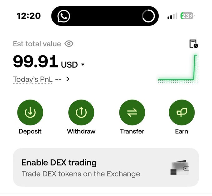 The image, likely taken from a mobile phone, displays the details of a digital wallet, notably showing the estimated total amount of holdings at $99.91 USD. To the accompanying post that is encouraging the creation of OKX wallets by offering $50 to 5 people, the screenshot may illustrate an example of potential earnings or funds that could be managed using such a wallet on the OKX platform.