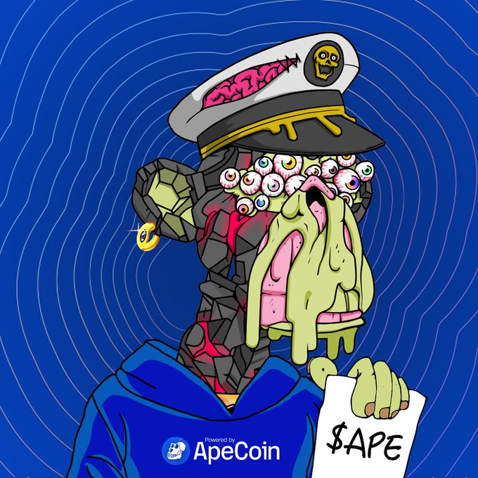 The image features a cartoon character wearing a hat, which appears to be a pirate hat with a skull design. The character has a face painted on their forehead that looks like a brain, giving them a unique appearance. They are holding a sign that says "apecoin" and is dressed in a blue hoodie. The background of the image is blue, and there are white lines scattered throughout it, creating an abstract pattern.