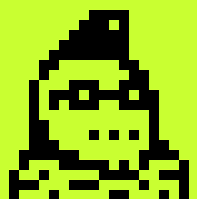 A pixelated black silhouette of a figure wearing a pointed hood or hat against a bright lime green background.
