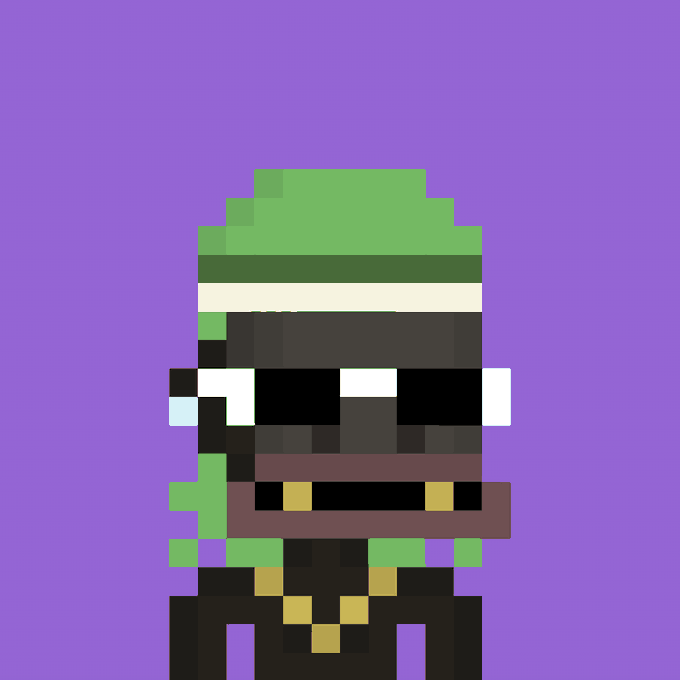 A pixel-art character with a green cap and dark face covering stands centered against a solid purple background.