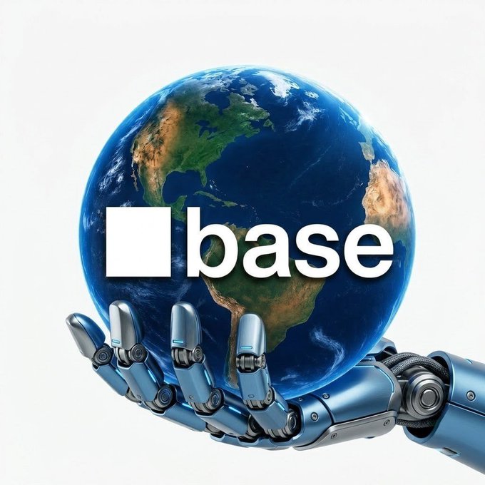 A robotic hand cradles the Earth with the "base" logo overlaid, visually representing the post's message that AI agents on Base will form the largest workforce ever, built on a global, decentralized foundation.
