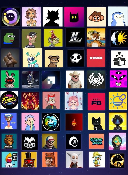 A grid of 54 colorful NFT-style cartoon character avatars and logos arranged on a dark blue background, including visible text such as 'AZUKI', 'FUNKS', 'FB', and 'CLAYNOSAURZ'.