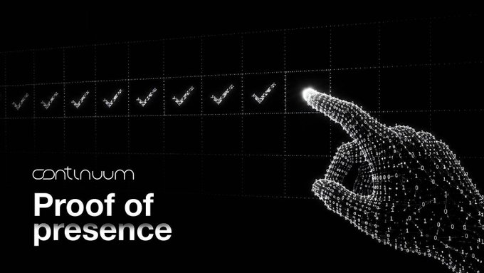A dark promotional graphic for Continuum titled "Proof of presence" features a digital wireframe hand tapping a glowing checkbox among a row of check marks on a gridded background.