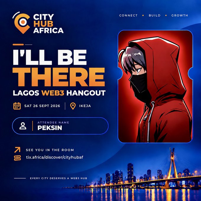 Promotional graphic for 'CITY HUB AFRICA - I'LL BE THERE' Lagos Web3 Hangout event on Saturday 26 Sept 2026 in Ikeja, featuring an anime-style character in a red hoodie with the attendee name 'PEKSIN' displayed.