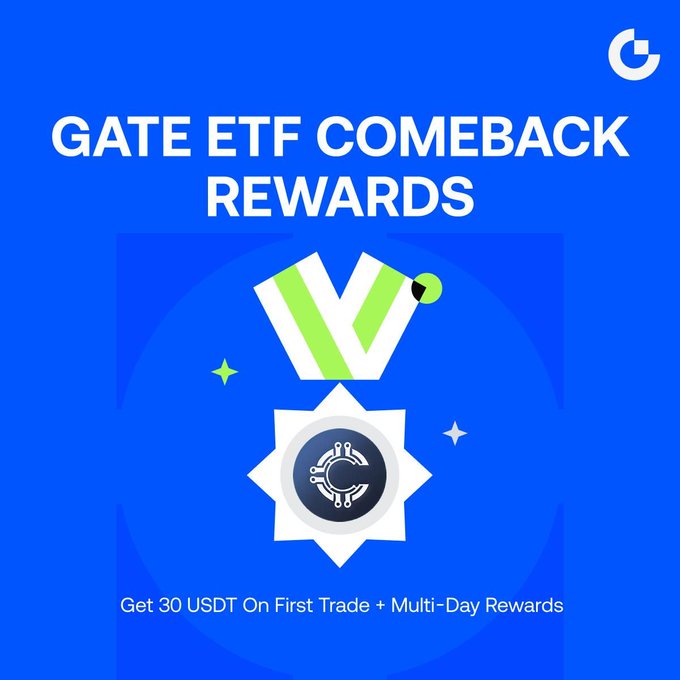 The image is a promotional graphic for "GATE ETF COMEBACK REWARDS" featuring the Gate.io logo, a green and white checkmark ribbon, and a star-shaped badge with a crypto symbol, with the text "Get 30 USDT On First Trade + Multi-Day Rewards" displayed at the bottom against a blue background.