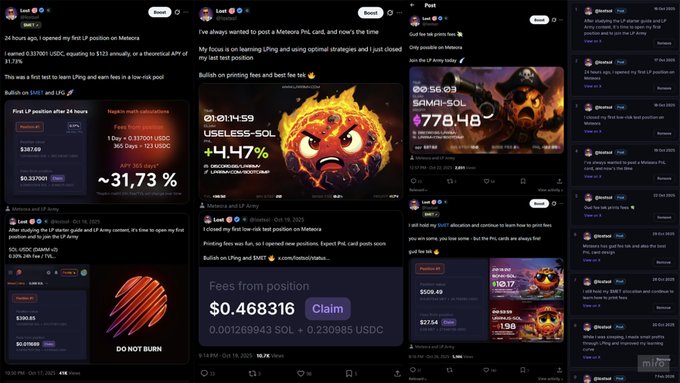 A collage of Twitter/X posts showing user @sirxbt's journey of opening their first liquidity provider (LP) position on Meteora, including transactions in SOL/USDC and USELESS-SOL pairs, with profits, fees earned ($0.468316), and closing positions.