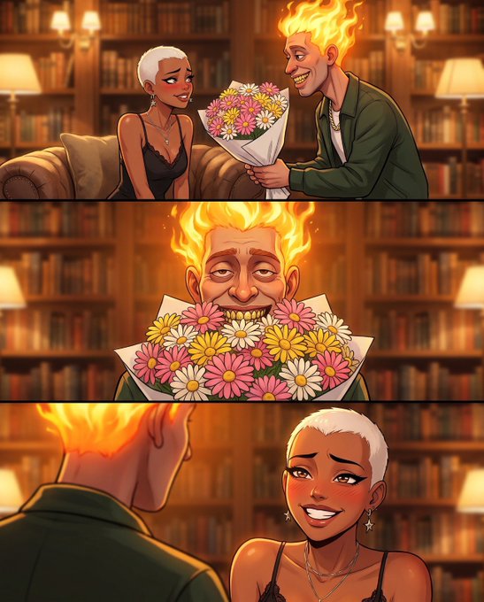 A three-panel comic illustration shows a man with a flaming head presenting flowers to a smiling woman with short white hair in a library setting, ending with a close-up of the woman's happy reaction.