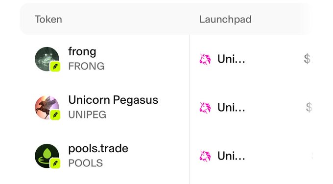 A list of cryptocurrency tokens on a launchpad showing FRONG (frong), UNIPEG (Unicorn Pegasus), and POOLS (pools.trade), all associated with a Uni... launchpad.