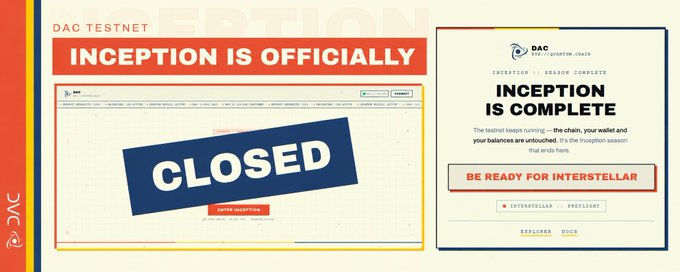 An announcement from DAC Testnet stating 'INCEPTION IS OFFICIALLY CLOSED,' featuring a closed stamp over a page and teases that participants should 'BE READY FOR INTERSTELLAR.'