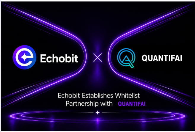 A promotional graphic announcing 'Echobit Establishes Whitelist Partnership with QUANTIFAI' featuring both company logos against a purple neon-lit background.