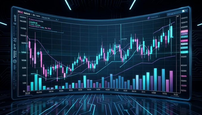 A digital display showing a stock or crypto trading chart with pink and cyan candlesticks, moving averages, and a volume bar chart at the bottom.