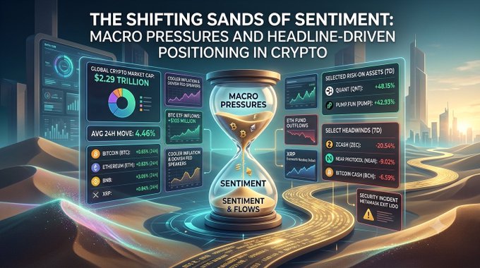 A digital dashboard infographic titled 'THE SHIFTING SANDS OF SENTIMENT: MACRO PRESSURES AND HEADLINE-DRIVEN POSITIONING IN CRYPTO,' displaying crypto market data including a $2.29 trillion market cap and various risk-on/off percentages.