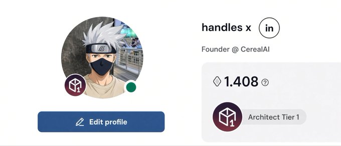 A profile card for user 'handles x' who is the Founder @ CerealAI, showing 1.408 SOL and an 'Architect Tier 1' badge, with a Kakashi-themed avatar.