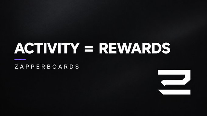 A minimalist black graphic features the bold white text "ACTIVITY = REWARDS" above "ZAPPERBOARDS," accompanied by a stylized white "Z" logo in the corner.