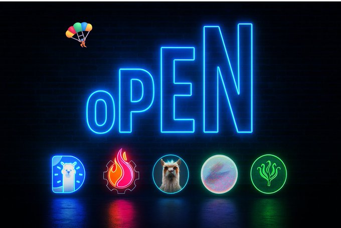 A neon sign reading 'OPEN' glows in blue against a dark brick wall, with a small parachuting figure in the top left and five colorful icons displayed below: a polar bear in a 'D', a flame, a llama, a planet, and a plant.