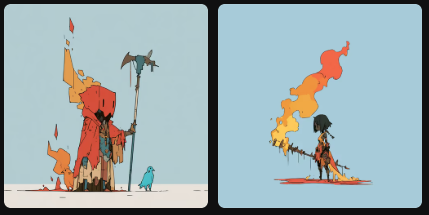 Two side-by-side illustrations show a fantasy warrior figure: on the left holding a spear with a large orange flame-like form behind them, and on the right standing with the flame erupting upward.
