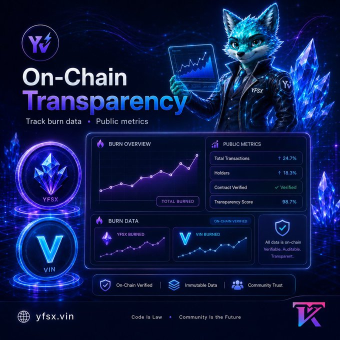 A promotional graphic for 'On-Chain Transparency' featuring a blue wolf mascot holding a tablet, with metrics for YFSX and VIN tokens, including 'Total Transactions ↑ 24.7%', 'Holders ↑ 18.3%', and 'Transparency Score 98.7%', with the website yfsx.vin displayed.