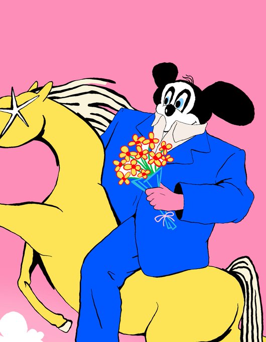 An illustration shows a character with Mickey Mouse-like ears wearing a blue suit and holding a bouquet of orange flowers, riding a yellow horse with a star on its forehead against a pink background.