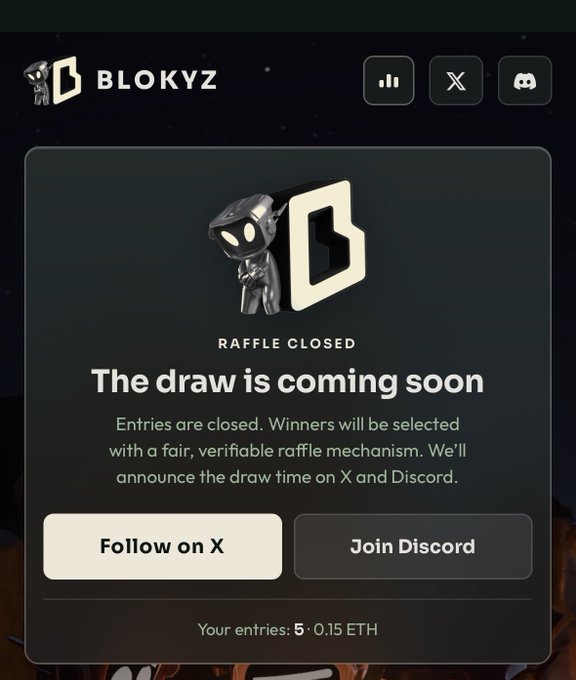 A 'BLOKYZ' NFT raffle webpage displays 'RAFFLE CLOSED' and 'The draw is coming soon,' showing the user has 5 entries valued at 0.15 ETH, with options to follow on X or join Discord.
