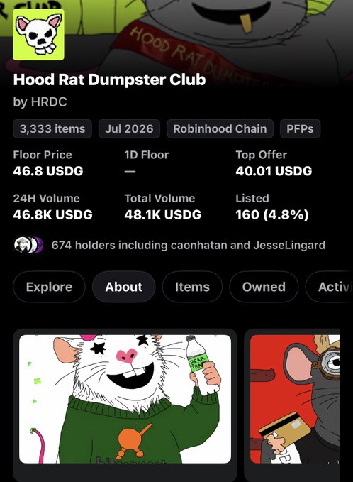 Screenshot of the 'Hood Rat Dumpster Club' NFT collection by HRDC on the Robinhood Chain, showing a floor price of 46.8 USDG, 3,333 items, 674 holders, and preview images of cartoon rat characters.