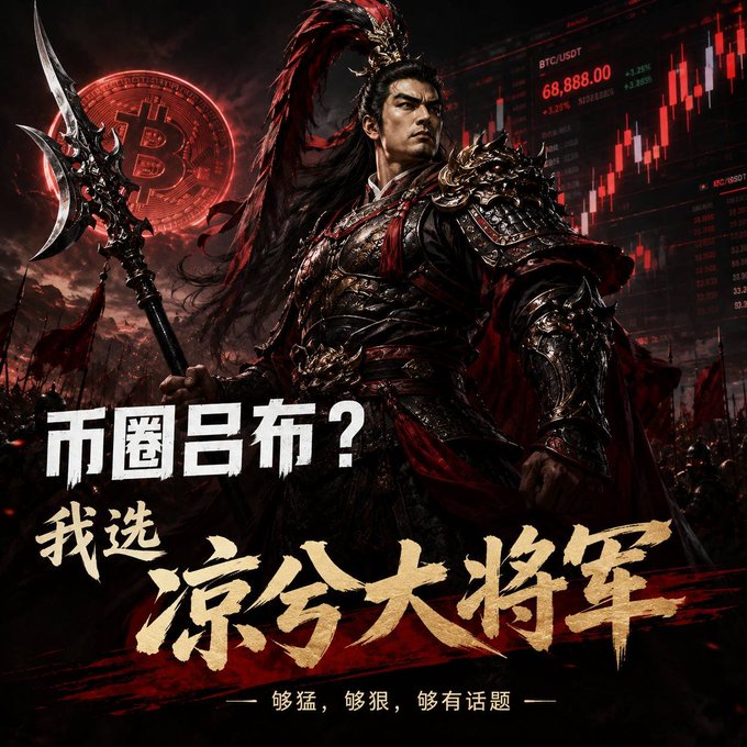 A dramatic promotional graphic featuring an armored warrior holding a large weapon, with Bitcoin logos, BTC candlestick charts showing 68,888.00, and Chinese text reading '币圈吕布？我选凉兮大将军' (I choose General Liang Xi).