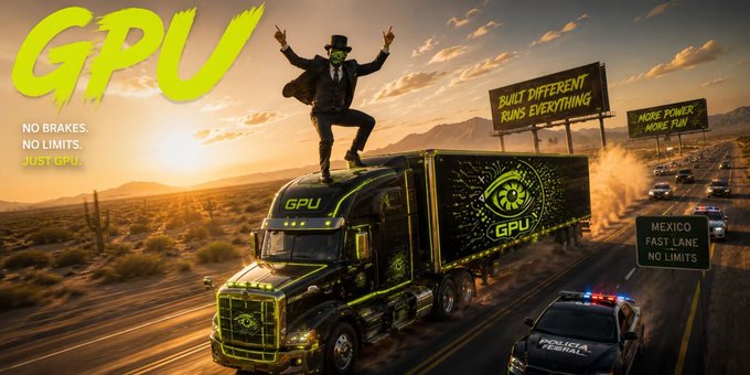 The image is a stylized digital illustration showing a green and black semi-truck emblazoned with "GPU" logos speeding down a desert highway, with a suited figure sporting an "Anonymous"-style mask celebrating on top of the trailer. Surrounding billboards read "BUILT DIFFERENT, RUNS EVERYTHING," "MORE POWER MORE FUN," and "MEXICO FAST LANE NO LIMITS," while a police car trails behind, reinforcing the post's message about crypto token "GPU" as a fast, unregulated, no-tax asset.