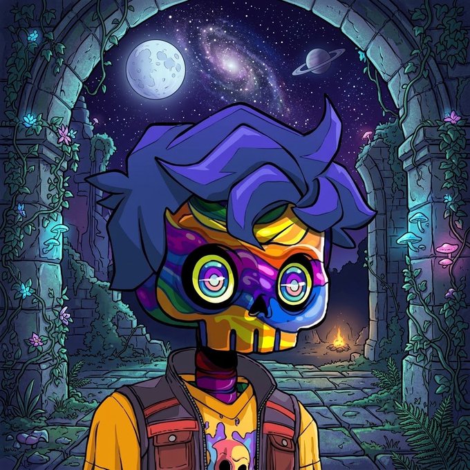 A vibrant digital illustration of a cyberpunk-style character with blue hair and a colorful rainbow face, wearing large goggles, set against a backdrop of ancient ruins and a starry night sky featuring a moon, Saturn, and a galaxy.