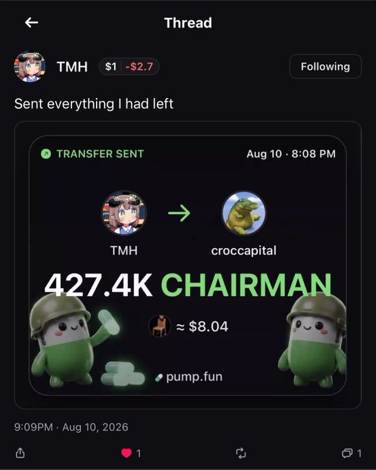 A Threads social media post showing user TMH sent 427.4K CHAIRMAN tokens (~$8.04) to user croccapital via pump.fun, with TMH showing a -$2.7 loss.