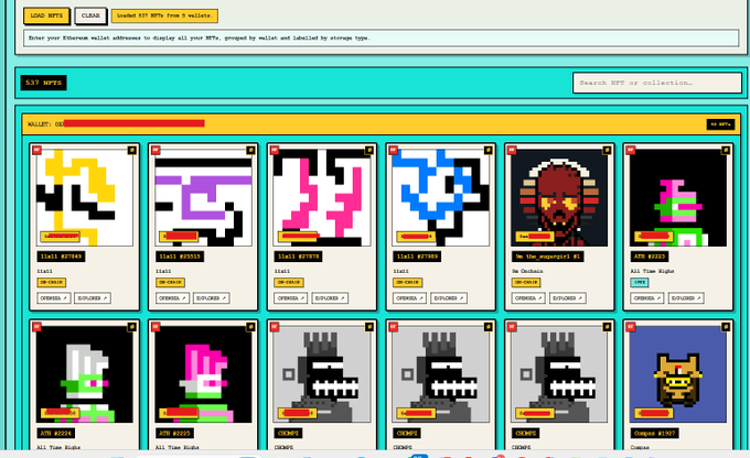 The image shows a screenshot of an NFT viewing dashboard displaying 537 NFTs, with the wallet address (partially redacted) entered at the top and a grid of 12 pixelated NFT thumbnails visible, including collections like "Trait Refugee," "The Immersight Bi," and "Chompz," illustrating the user's discovery of having over 500 NFTs across multiple wallets without needing to connect them individually.