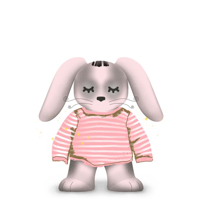 A cute gray plush bunny toy with long pink-lined floppy ears wearing a pink and white striped shirt with gold trim.